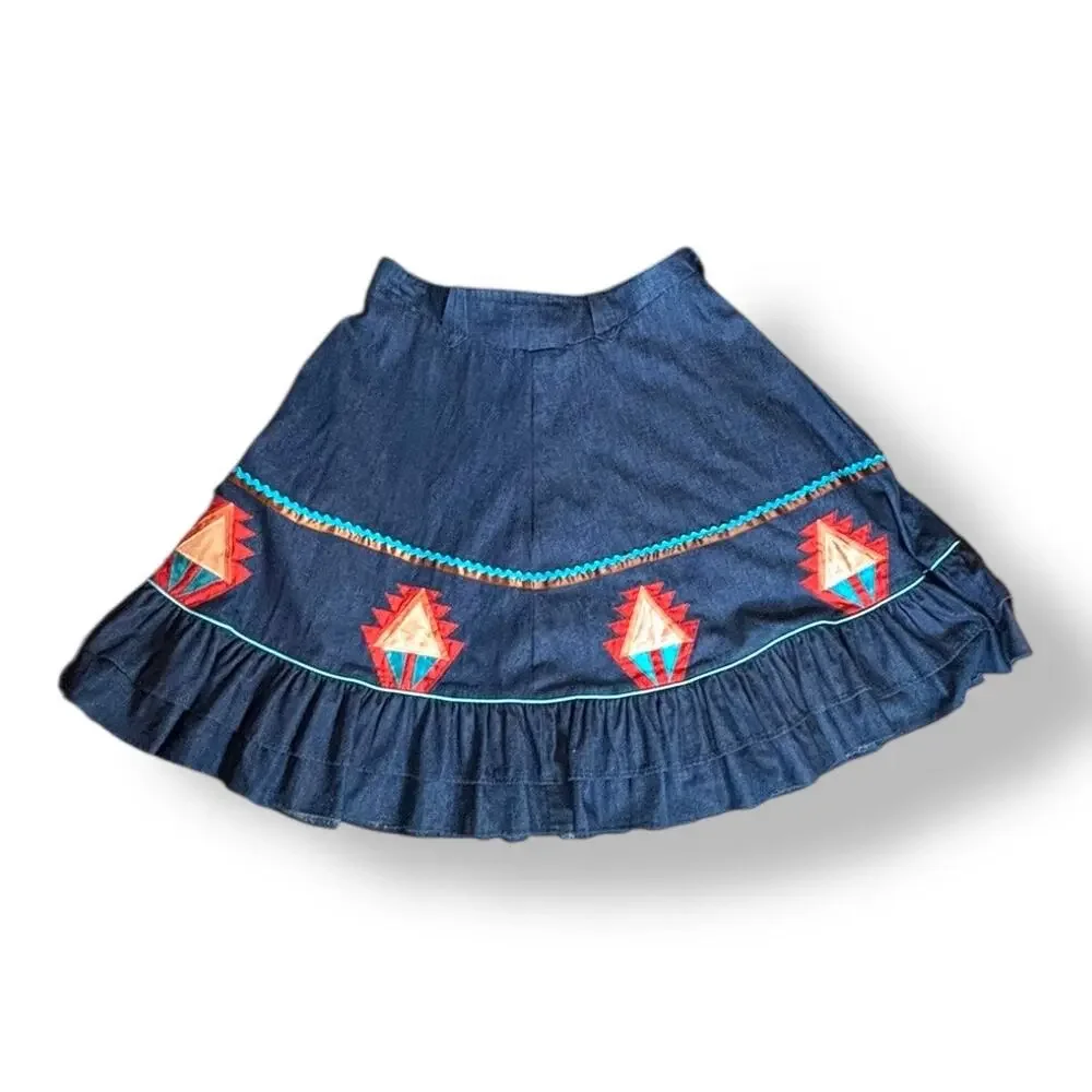 Vintage Handmade Southwest Denim Skirt Tiered Ruffle Hem‎ Abstract Art Appliqué